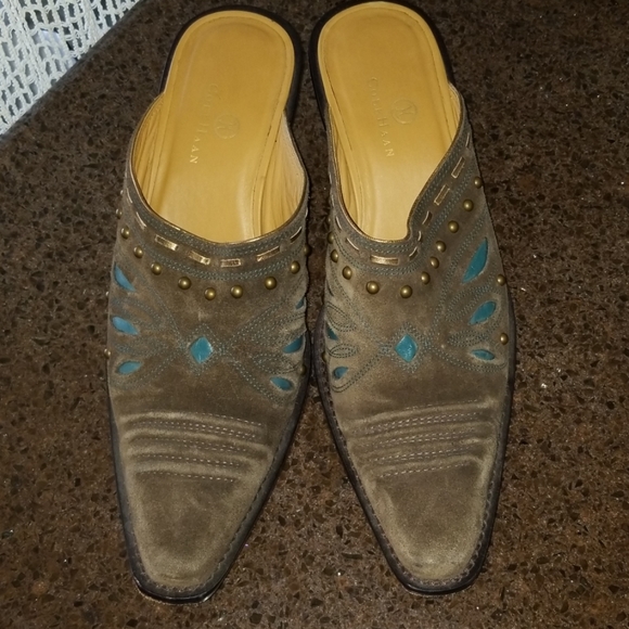 Cole Haan Olive Suede Mules w Brass Accents! - Picture 5 of 8